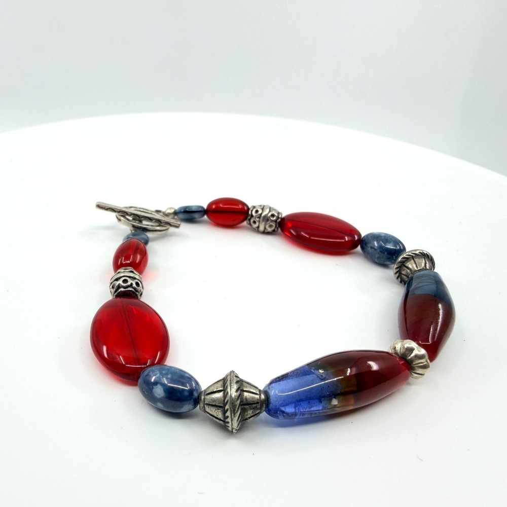 Vintage Y2K Red Blue Art Glass Bead Toggle Bracelet Chunky Boho Statement 7"